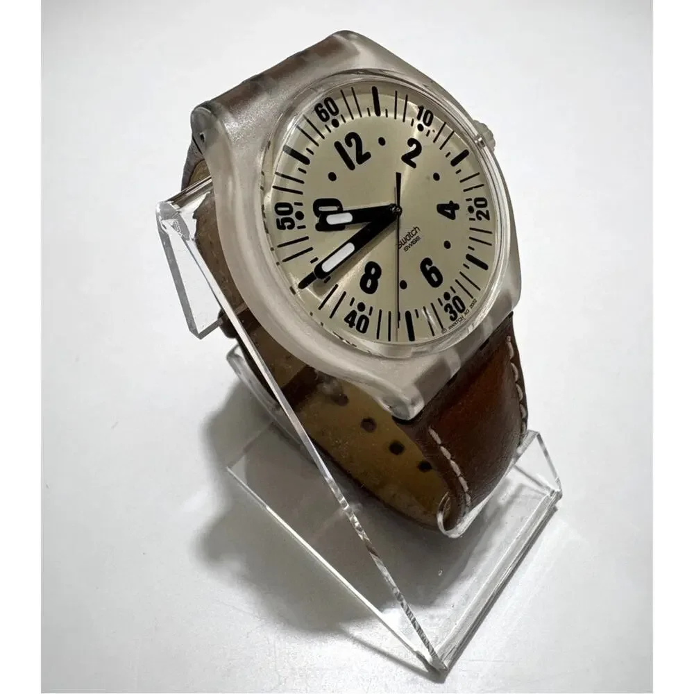Ultra Rare Vintage 2002 Swatch Watch Khaki Brown Field Transparent Caseback 43mm